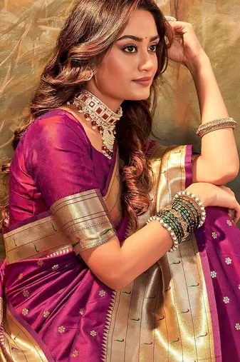 magenta magenta ethnic motifs woven design zari paithani jacquard saree
