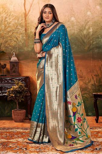blue ethnic motif woven design paithani zari saree