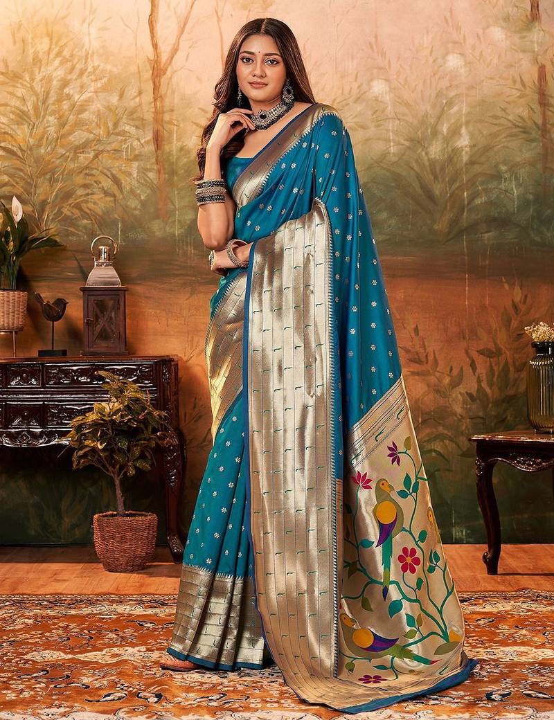 blue ethnic motif woven design paithani zari saree