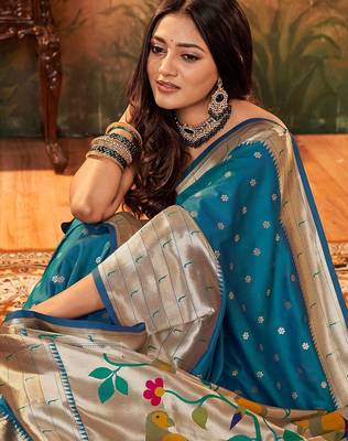 blue ethnic motif woven design paithani zari saree 2