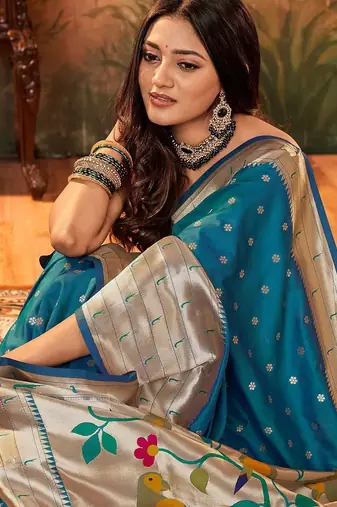 blue ethnic motif woven design paithani zari saree
