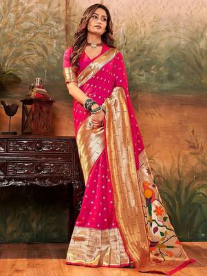 pink pink ethnic motifs woven design zari jacquard paithani saree 1