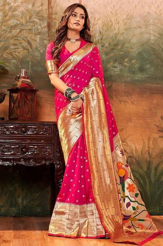pink pink ethnic motifs woven design zari jacquard paithani saree