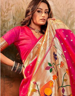 pink pink ethnic motifs woven design zari jacquard paithani saree 2