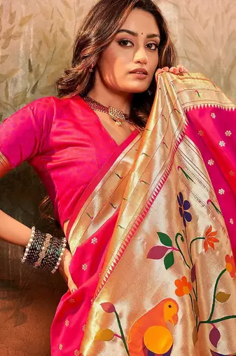 pink pink ethnic motifs woven design zari jacquard paithani saree