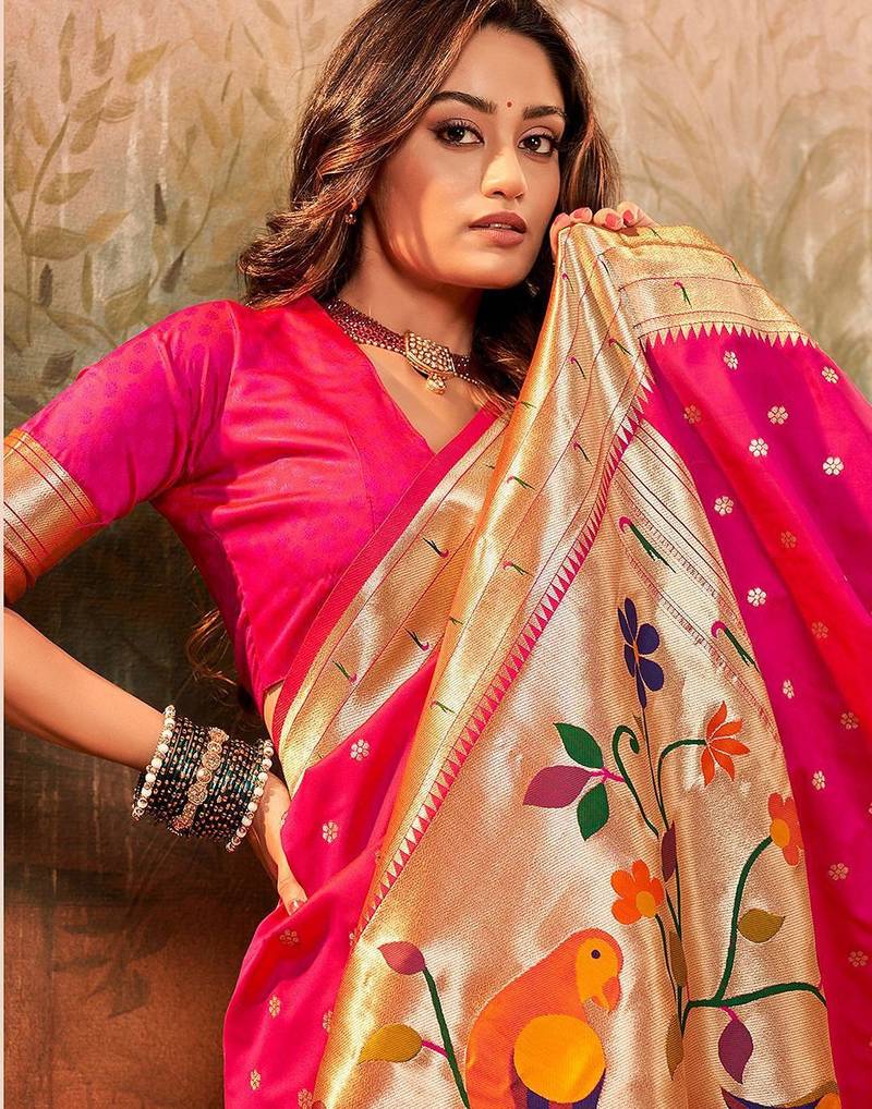 pink pink ethnic motifs woven design zari jacquard paithani saree