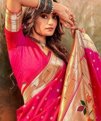 pink pink ethnic motifs woven design zari jacquard paithani saree 3
