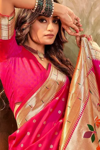 pink pink ethnic motifs woven design zari jacquard paithani saree