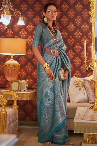 blue blue & gold-toned floral woven design zari banarasi saree