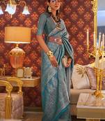 blue blue & gold-toned floral woven design zari banarasi saree