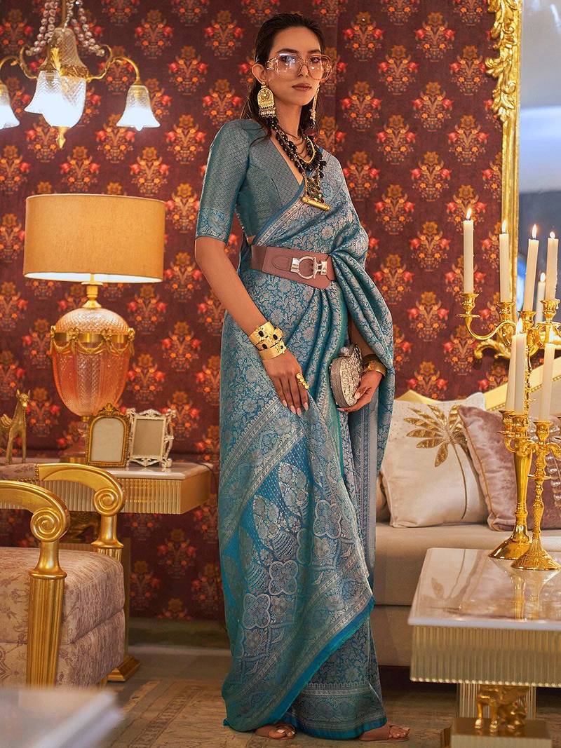 blue blue & gold-toned floral woven design zari banarasi saree