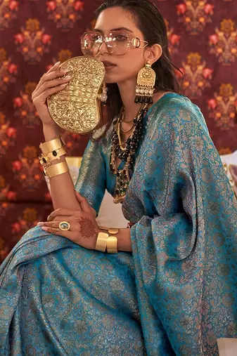 blue blue & gold-toned floral woven design zari banarasi saree