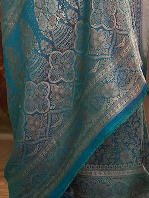 blue blue & gold-toned floral woven design zari banarasi saree 4