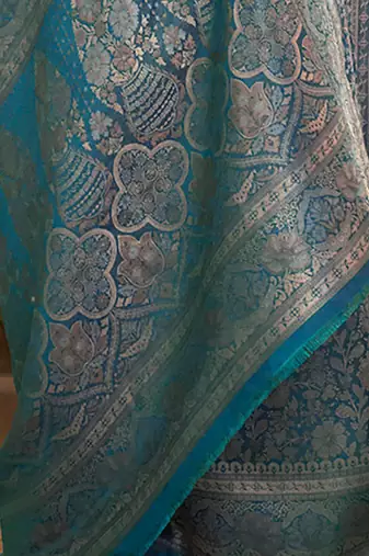 blue blue & gold-toned floral woven design zari banarasi saree