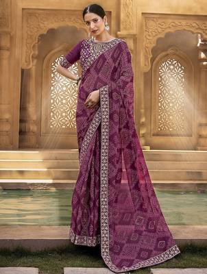 purple purple & gold-toned embroidered pure georgette bandhani saree 1