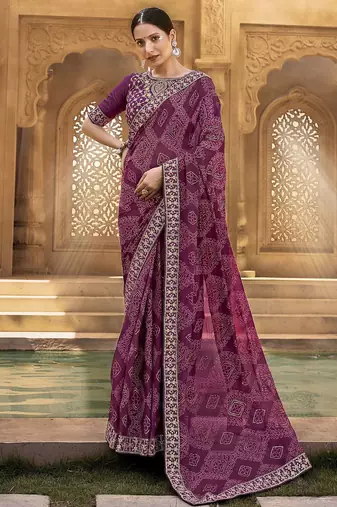 purple purple & gold-toned embroidered pure georgette bandhani saree