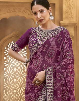 purple purple & gold-toned embroidered pure georgette bandhani saree 2