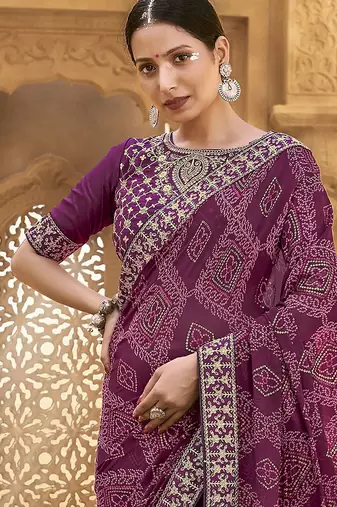 purple purple & gold-toned embroidered pure georgette bandhani saree