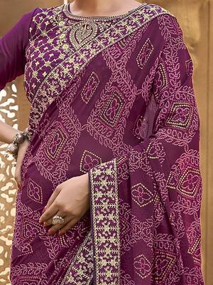 purple purple & gold-toned embroidered pure georgette bandhani saree 3