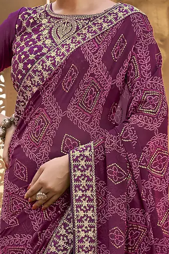 purple purple & gold-toned embroidered pure georgette bandhani saree