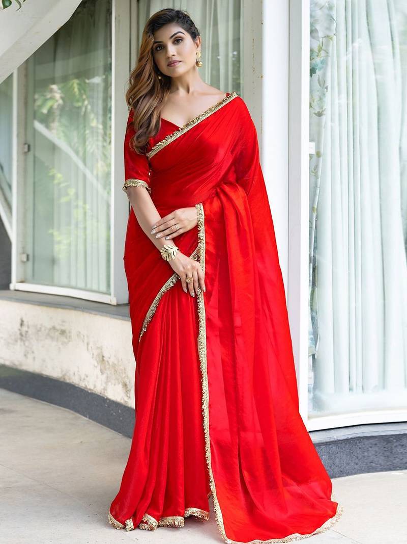 Pink floral printed zari detail saree