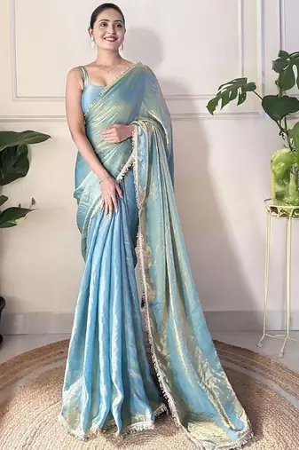 blue sequinned border tissue saree with unstitched blouse piece