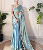 blue sequinned border tissue saree with unstitched blouse piece