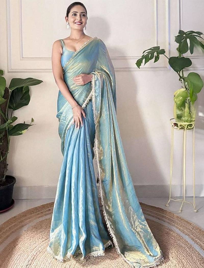 blue sequinned border tissue saree with unstitched blouse piece