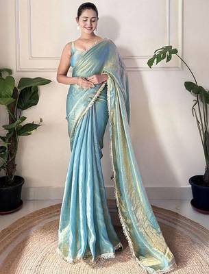 blue sequinned border tissue saree with unstitched blouse piece 2