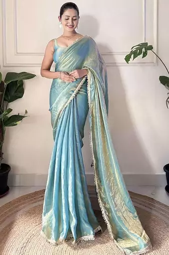 blue sequinned border tissue saree with unstitched blouse piece