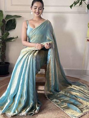 blue sequinned border tissue saree with unstitched blouse piece 3