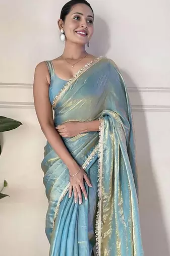 blue sequinned border tissue saree with unstitched blouse piece