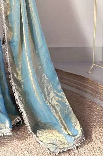 blue sequinned border tissue saree with unstitched blouse piece