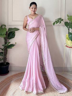 pink women sequined tissue saree with unstitched blouse piece 2
