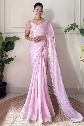 pink women sequined tissue saree with unstitched blouse piece