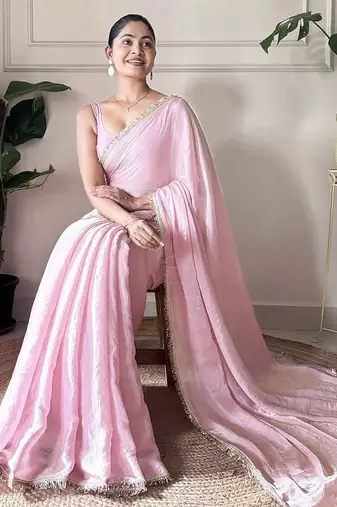 pink women sequined tissue saree with unstitched blouse piece