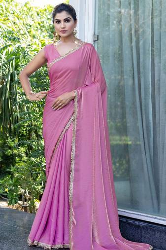purple embellished saree with unstitched blouse