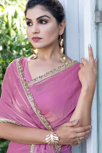 purple embellished saree with unstitched blouse