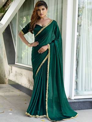 green embroidered satin saree with unstitched blouse piece 1