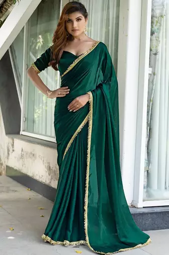 green embroidered satin saree with unstitched blouse piece
