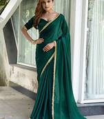 green embroidered satin saree with unstitched blouse piece
