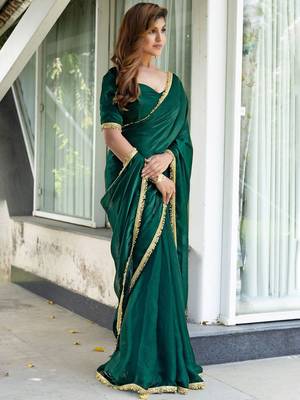 green embroidered satin saree with unstitched blouse piece 2