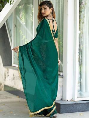 green embroidered satin saree with unstitched blouse piece 3