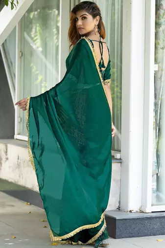 green embroidered satin saree with unstitched blouse piece