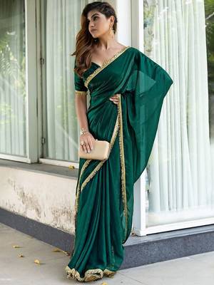 green embroidered satin saree with unstitched blouse piece 4
