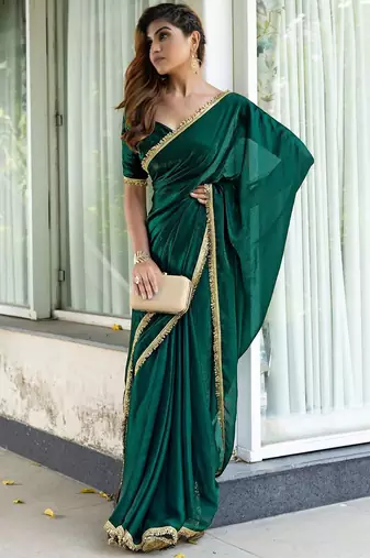 green embroidered satin saree with unstitched blouse piece