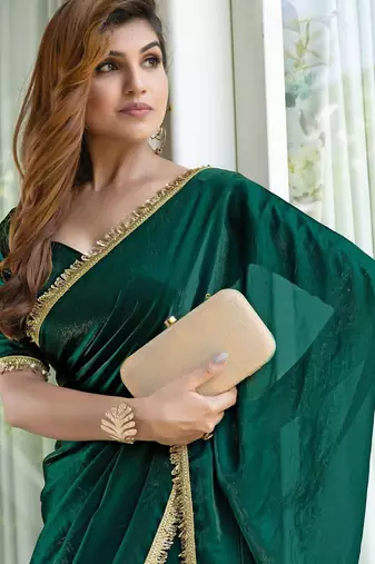 green embroidered satin saree with unstitched blouse piece