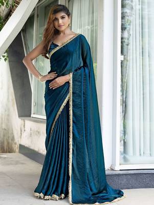 Blue blue & green printed poly georgette bandhani saree 1