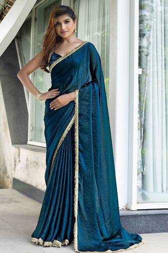 Blue blue & green printed poly georgette bandhani saree