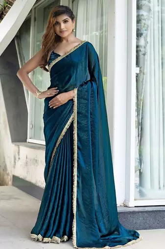 Blue blue & green printed poly georgette bandhani saree